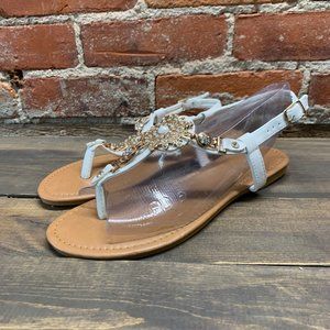 Rosegirl Thong Sandal Laminated Gold Strap Crystals Women’s Sandals Sz 8